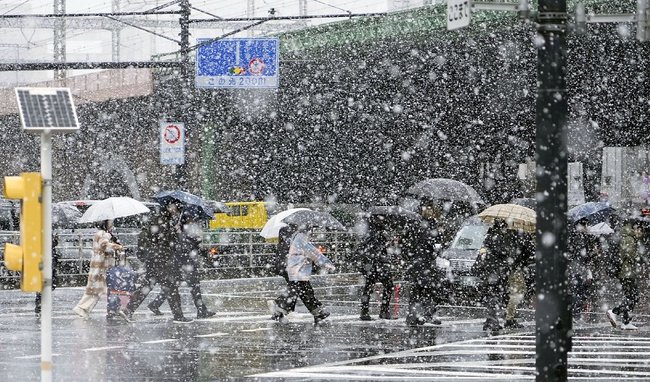 雪が降る中を歩く人たち＝１９日午前、東京都港区