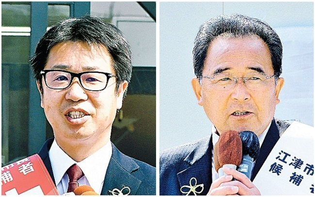 江津市長選に立候補している（届け出順に）中村中氏（左）と山本誉氏