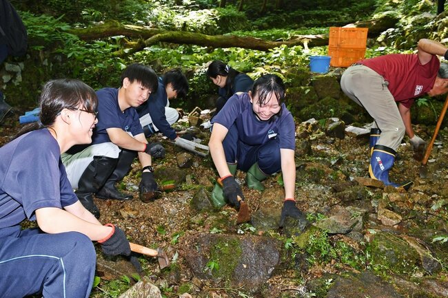 ワサビ田を整備する益田養護学校の生徒たち＝益田市匹見町紙祖