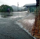 軒下にひょうとみられる氷の塊が広がった飯南町役場＝２７日午前１１時８分、島根県飯南町下赤名