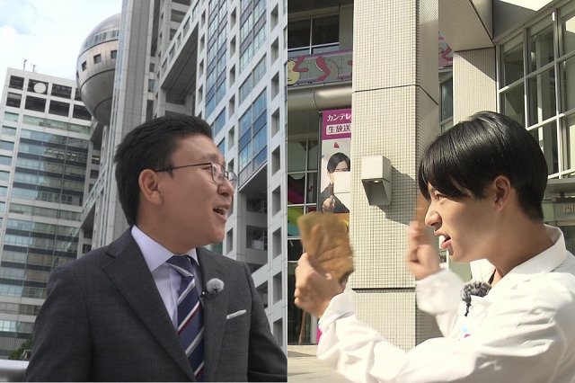 3日放送『旬感LIVE とれたてっ!』に出演する(左から)上垣皓太朗アナウンサー、秦令欧奈アナウンサー(C)カンテレ(C)フジテレビ