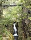 峡谷を流れる滝。滝の上には吊り橋が架かる＝島根県美郷町の比之宮地区