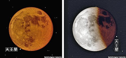 天王星が月に隠される直前（左）と、再び現れた直後の松江（まつえ）での見え方＝アストロアーツ／ステラナビゲータの星図（せいず）を元に作成