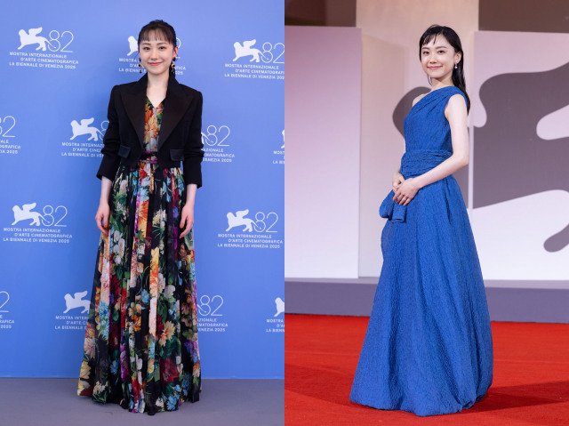「第81回ベネチア国際映画祭」に参加した芦田愛菜、左がフォトコール、右がレッドカーペットでの装い（C）KAZUKO WAKAYAMA