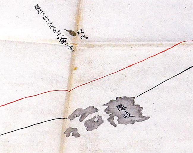 航路図の一部。竹島（当時は松島と呼称）の付近に赤い線で航路が記されている