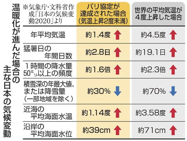 温暖化が進んだ場合の主な日本の気候変動