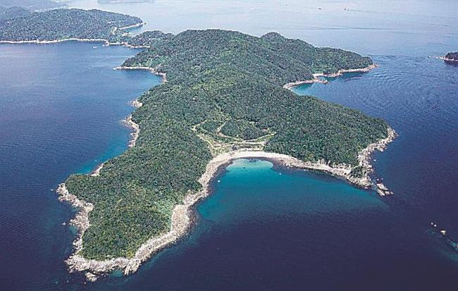 中国電力上関原発の建設予定地（画面中央）。周辺に広がる同社所有地に中間貯蔵施設の建設が検討されている＝２日午後、山口県上関町（共同通信社ヘリから）