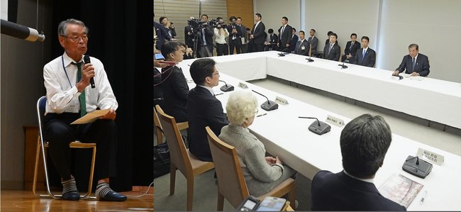 （写真左から）青谷高校での出前授業で、妹の京子さんが拉致された当時を振り返る松本孟さん＝９月２０日、鳥取市青谷町／拉致被害者家族と面会する石破茂首相（奥右端）＝１７日午前、首相官邸