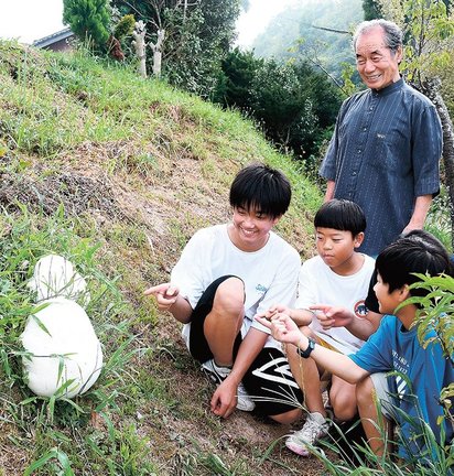 畑に生えた「オニフスベ」を見学する子どもら＝浜田市金城町下来原