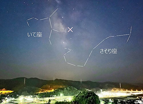 銀河系中心のブラックホールの位置(×印)=5月4日、出雲(いずも)市知井宮(ちいみや)町で撮影