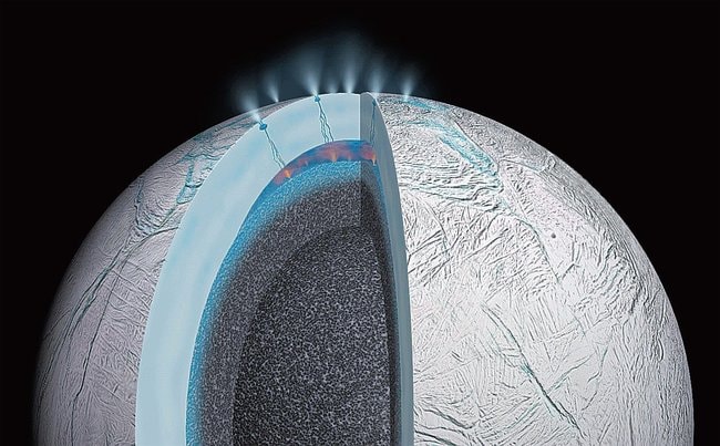 土星の衛星「エンセラダス」の内部（ＮＡＳＡ／ＪＰＬ－Ｃａｌｔｅｃｈ提供）