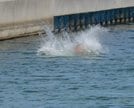 中村海水浴場で飛び込む高校生