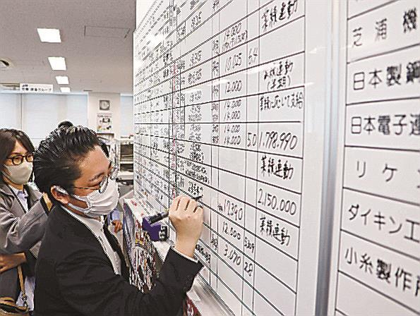 春闘の集中回答日を迎え、労使交渉の回答状況をホワイトボードに書き込む産業別労働組合「ＪＡＭ」の関係者＝１３日、東京都港区