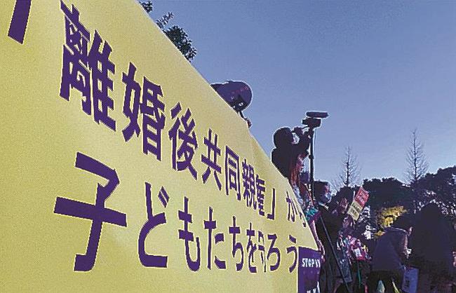 離婚後共同親権への懸念の声を届けるため、ＤＶ被害の女性が参加した国会前の反対集会＝３月、東京都千代田区