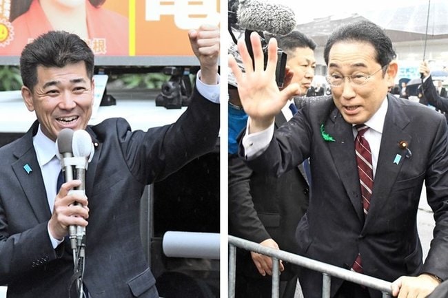 （写真右）有権者に手を振る岸田文雄首相＝出雲市平田町、ＪＡしまね出雲地区本部東部営農センター前、（写真左）街頭で支援を呼びかける泉健太代表＝松江市朝日町、松江テルサ前