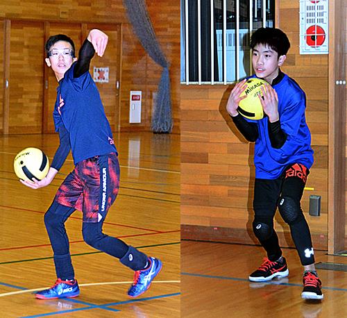 学校生活の最後を全国大会での勝利で飾ろうと意欲を燃やすキャプテンの山本柊人君 （左）、キャッチの練習に取り組む副キャプテンの川本暖君 （右）
