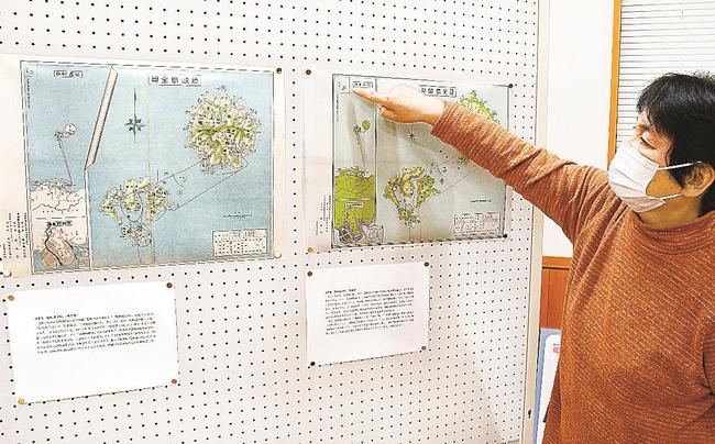 戦前版（左）と戦後版の隠岐島全図＝島根県隠岐の島町久見、久見竹島歴史館