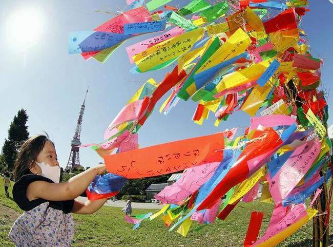 風になびく短冊と女の子（資料、魚眼レンズ使用）