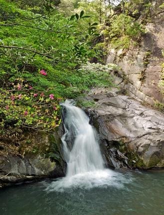 峡谷を流れる滝＝島根県美郷町の比之宮地区