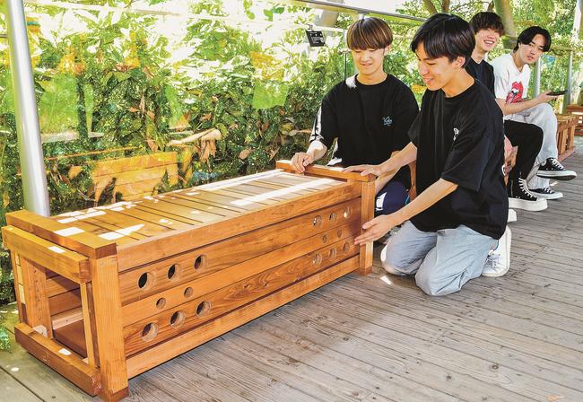 ベンチの設計の工夫について話す学生＝鳥取県南部町鶴田、とっとり花回廊