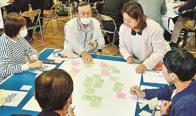 江津市の展望について話し合う参加者＝江津市跡市町、旧跡市小学校