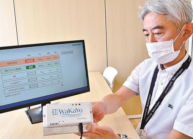 テクノプロジェクトが製品化した「ＷａＫａＹｏ」の装置と、測定数値を表示するモニター画面＝松江市学園南２丁目、同社