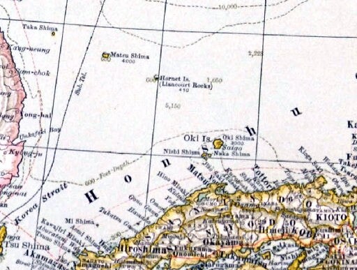 隠岐諸島の北西にホーネット島（リアンクール岩）の表記があるセンチュリー社の地図（島根県隠岐の島町の個人蔵）