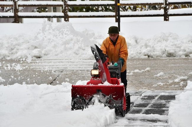 道を除雪する人=鳥取県大山町大山