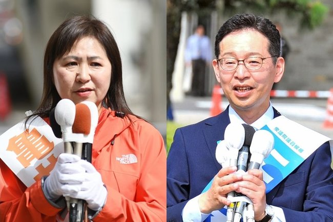第一声の演説をする（右から届け出順）錦織功政氏、亀井亜紀子氏＝いずれも松江市内
