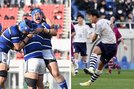 ラグビーで初戦突破した石見智翠館（左）とサッカーで初戦に勝利した米子北