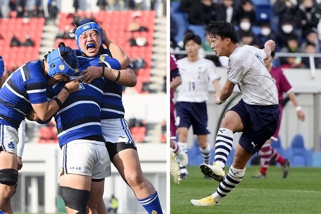 ラグビーで初戦突破した石見智翠館（左）とサッカーで初戦に勝利した米子北