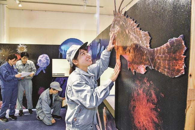 毒をテーマにした特別展の内装改修に取り組む学生＝浜田市久代町、水族館アクアス