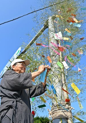 短冊が取り付けられた高さ約８メートルのササ＝島根県邑南町井原、ふれあい市場雲井の里