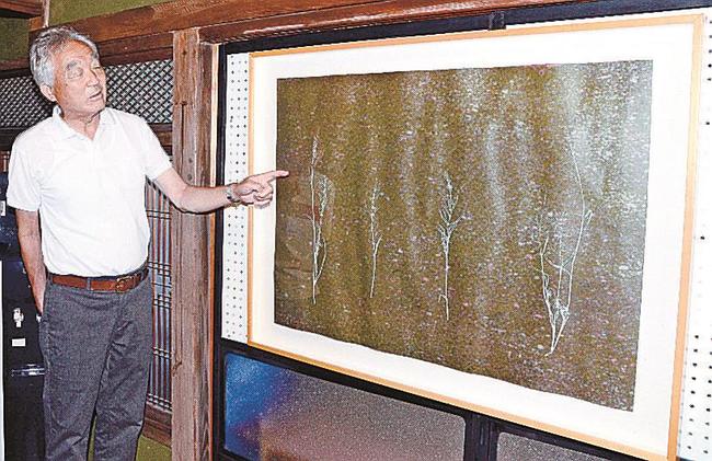 スクリーンプリントで植物を表現した作品＝浜田市西村町、Ｇａｌｌｅｒｙ＆Ｃａｆｅ ＦＵＮ